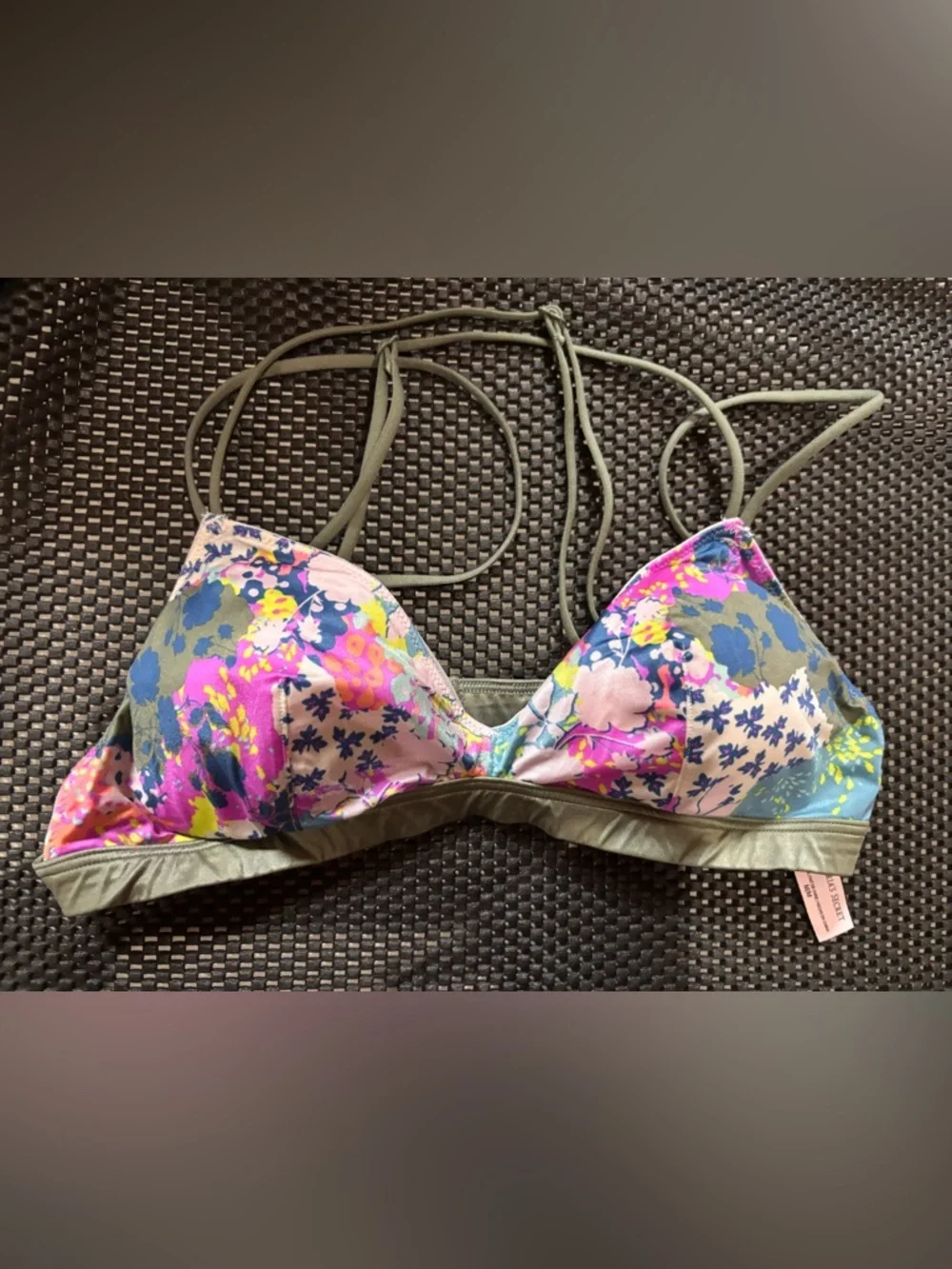 2 for $25- Victorias Secret Triangle Bra in Olive with Pink & Blue Accents - Picture 2 of 4